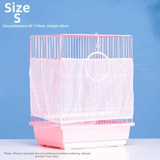 Pink bird cage with vertical bars and a pink base shown against a blue background.