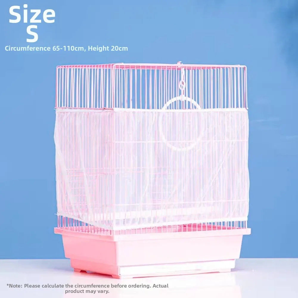 Pink bird cage with vertical bars and a pink base shown against a blue background.