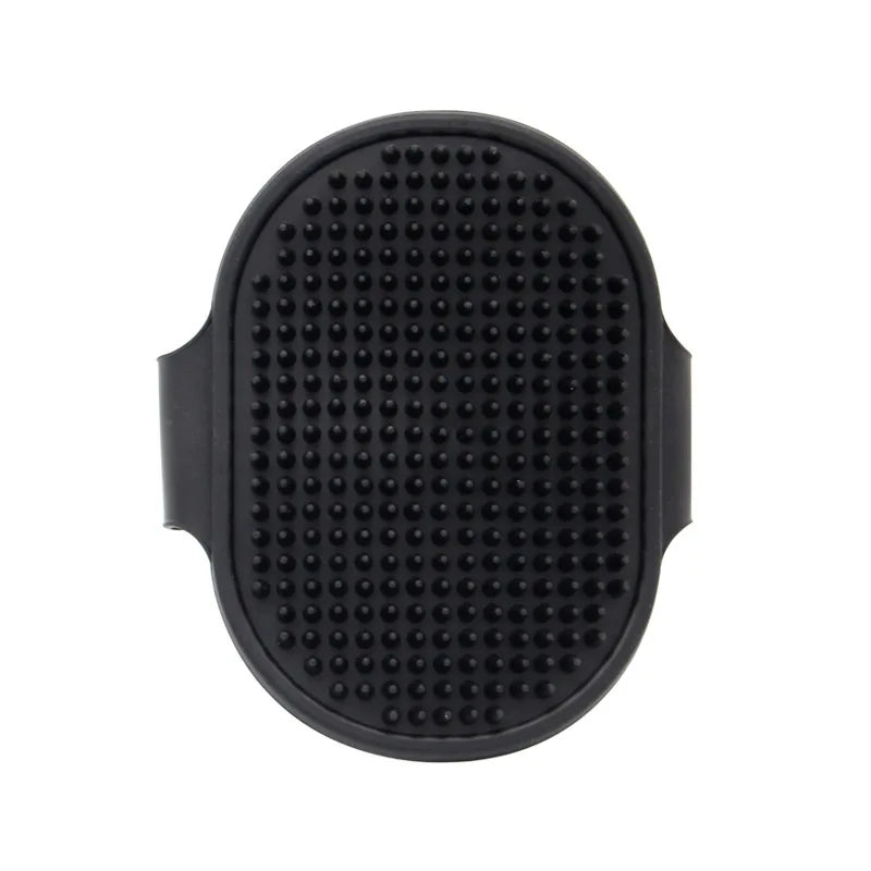 Black soft rubber pet grooming brush with textured silicone bristles