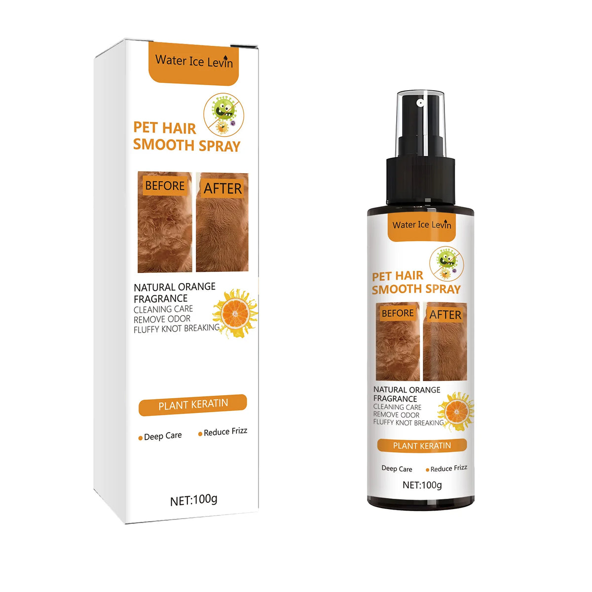Botella de spray para suavizar el pelo de mascota con fragancia natural de naranja e ingredientes de queratina vegetal.
