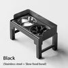 Black collapsible elevated dog feeder with double stainless steel bowls.