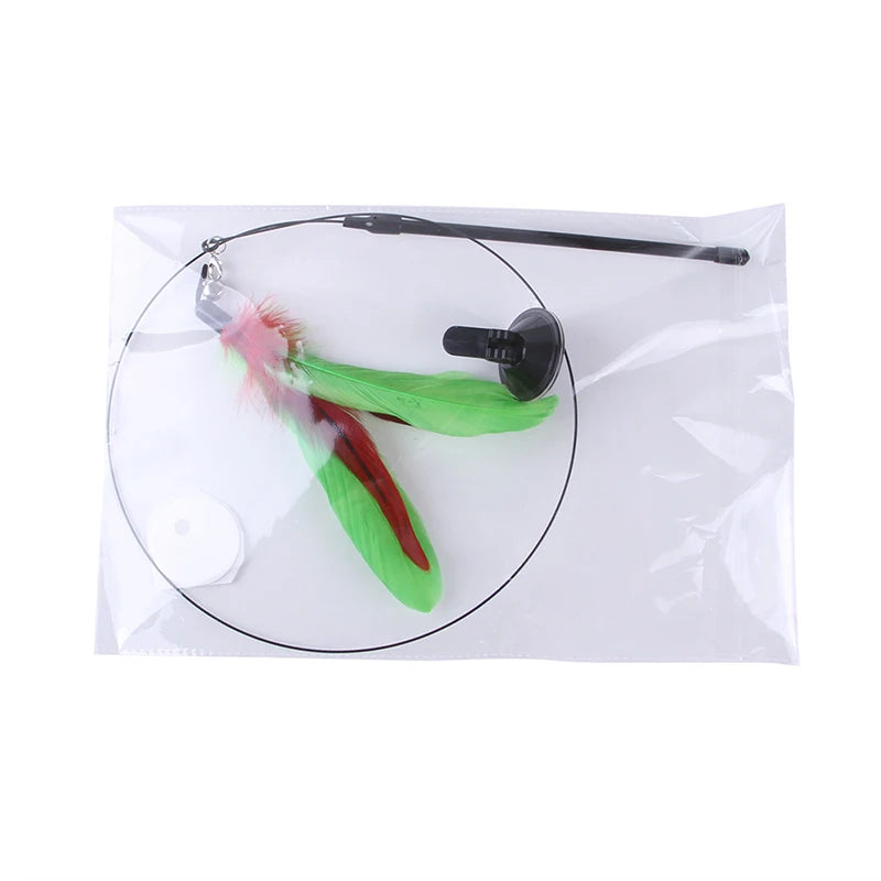Interactive cat teaser wand featuring a feather bird and bell inside a clear plastic pouch.