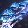 A hand is launching a blue cyclotron technology automatic return aerocraft or spinning boomerang ball with glowing lights.
