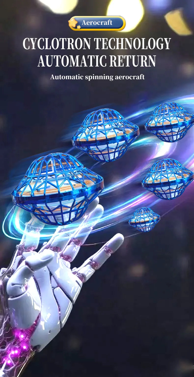 A hand is launching a blue cyclotron technology automatic return aerocraft or spinning boomerang ball with glowing lights.