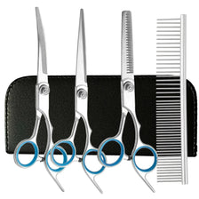 A set of professional pet hair cutting and grooming scissors displayed on a black leather case.