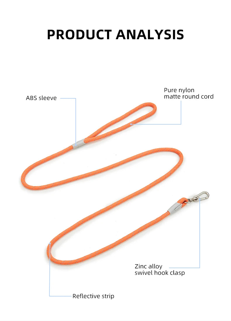 A bright orange nylon dog leash featuring a reflective strip and a zinc alloy swivel hook clasp.