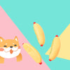 Three yellow hot dog shaped squeaky chew toys are scattered on a pink and teal background.