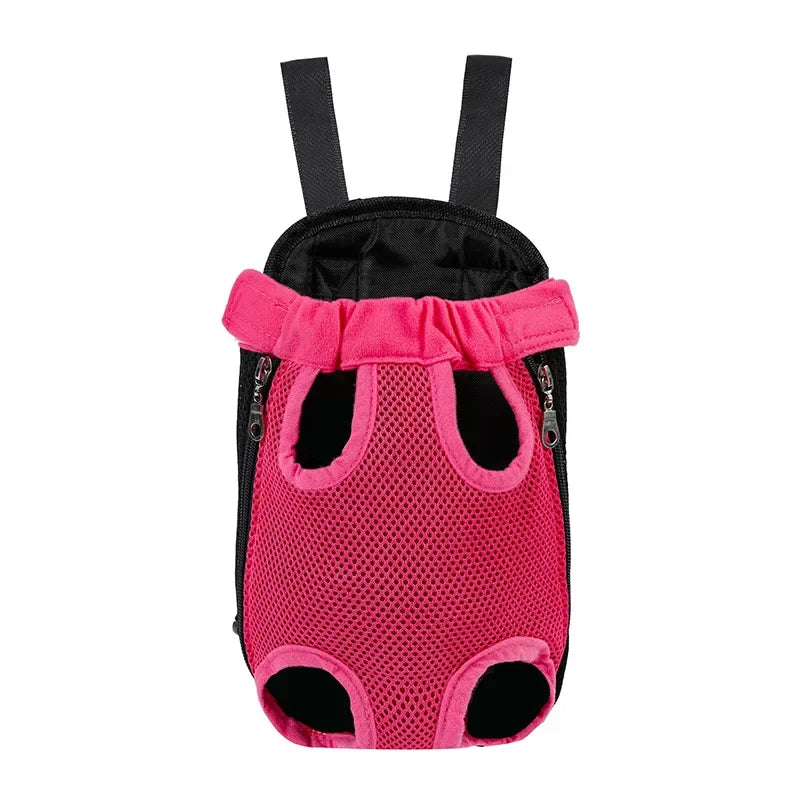 Pink mesh backpack carrier for cats and dogs with black straps