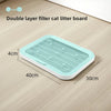 A light blue double layer filter cat litter board with anti-slip base shown on a wooden floor.