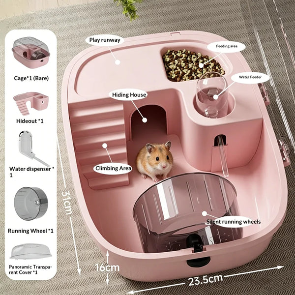 A pink luxury hamster habitat cage showing various accessories like a play runway, hiding house, feeding area, and water feed