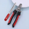 A pair of black and red stainless steel pet nail clippers for dogs and cats resting on a light blue surface.