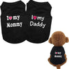Black dog pet vests featuring text 'I love my mommy' and 'I love my daddy'