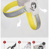 A yellow and gray Y-shaped dog harness vest with a reflective mesh design shown in various views.