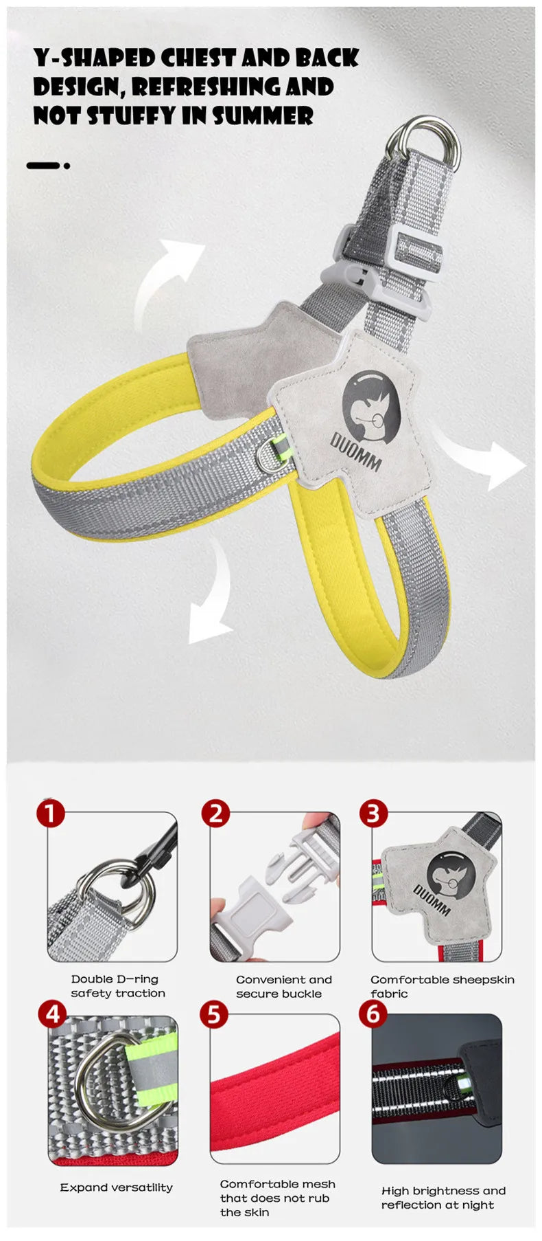 A yellow and gray Y-shaped dog harness vest with a reflective mesh design shown in various views.