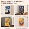 Four images showing a cat scratching board attached to walls, cabinets, and doors.