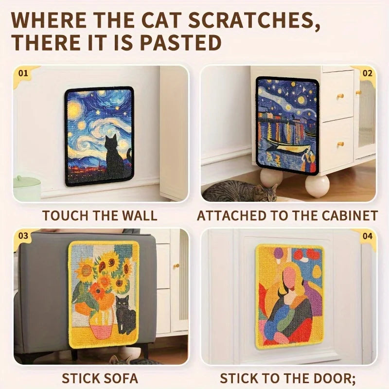 Four images showing a cat scratching board attached to walls, cabinets, and doors.