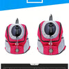 A pink and gray breathable fabric backpack designed as a pet carrier for dogs and cats.