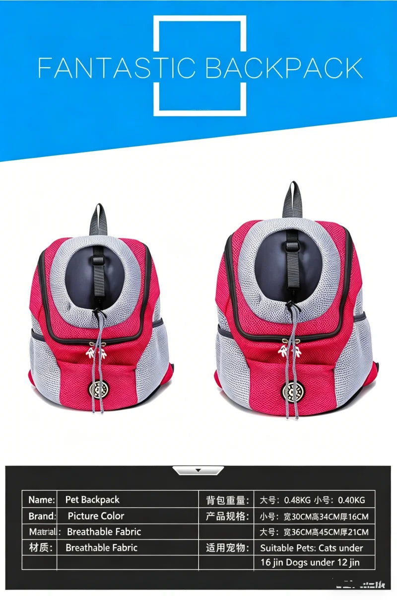 A pink and gray breathable fabric backpack designed as a pet carrier for dogs and cats.