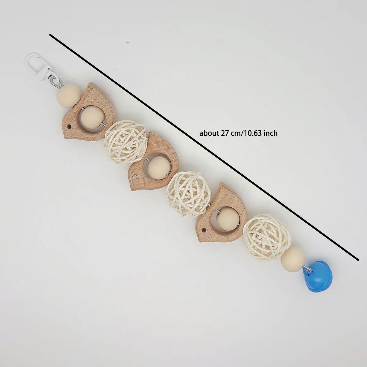 A line of wooden parrot swing toys featuring spherical beads and a blue charm.