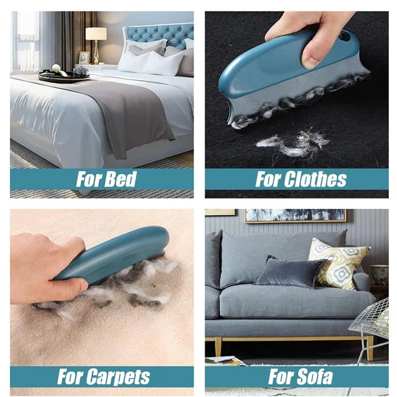A portable lint and pet hair remover brush is shown being used on bed linens, clothes, carpets, and a sofa.