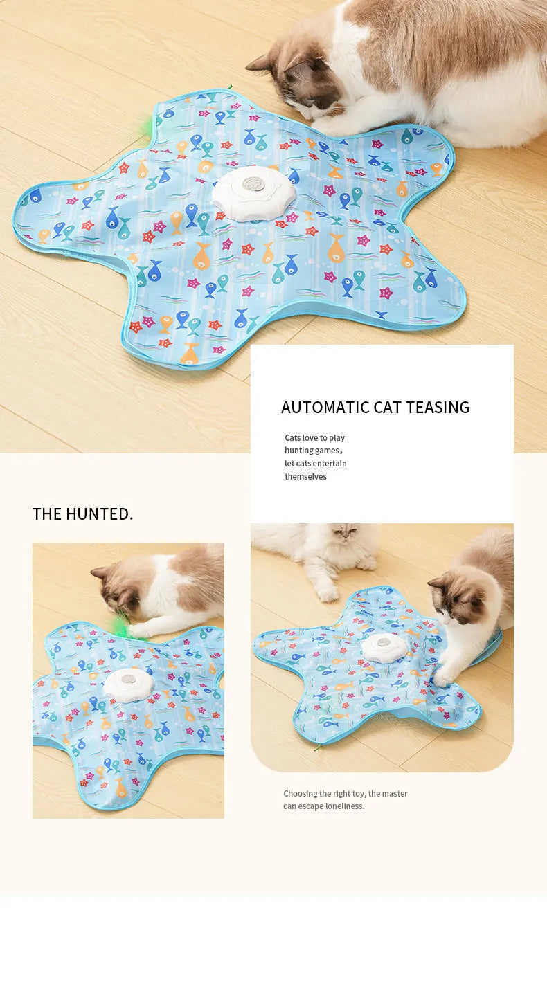 A blue and white interactive cat teaser toy with feathers is shown being played with by a tabby cat.