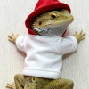 A bearded dragon plush toy wearing a red hat and a white hoodie.