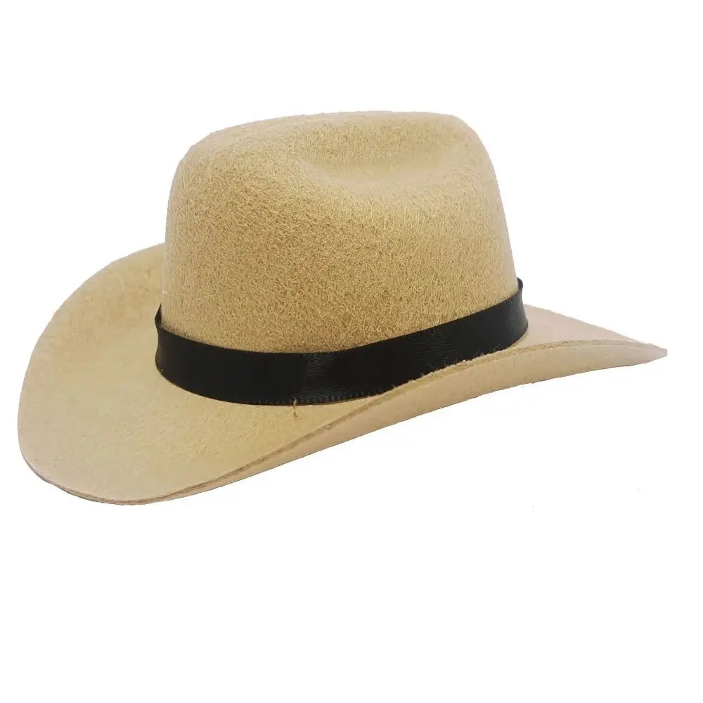 A light tan felt cowboy hat with a black band, shown from above.