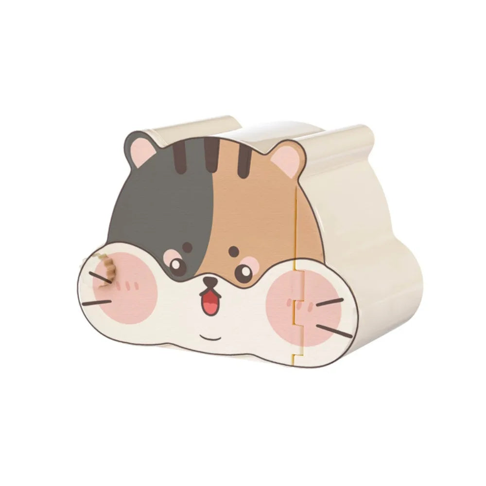 A cute cartoon hamster hideout house shaped like a beige and black striped face with large pink eyes.