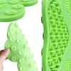 A bright green silicone pet licking mat with suction cups shown in various angles.