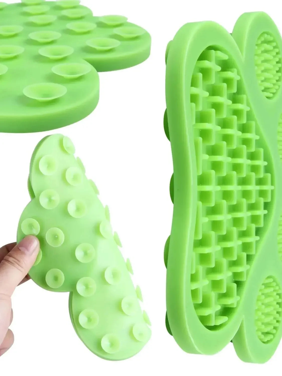 A bright green silicone pet licking mat with suction cups shown in various angles.