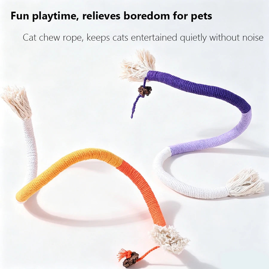 Three colorful cat chew ropes, purple, orange, and white, are displayed against a white background.