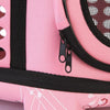 Pink breathable pet carrier backpack with black trim and mesh window