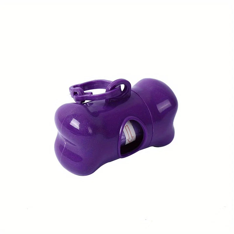 A purple bone-shaped pet poop bags dispenser with a hinged lid.