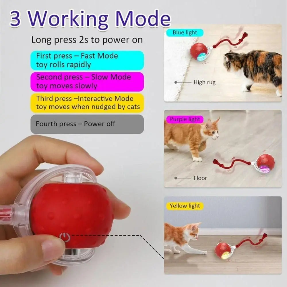 A hand holds a red automatic training ball toy with a clear casing, demonstrating its three working modes.