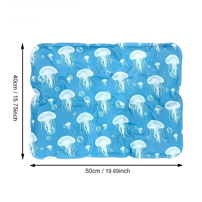 Blue self-cooling pet mat with a leakproof cover featuring a pattern of jellyfish.