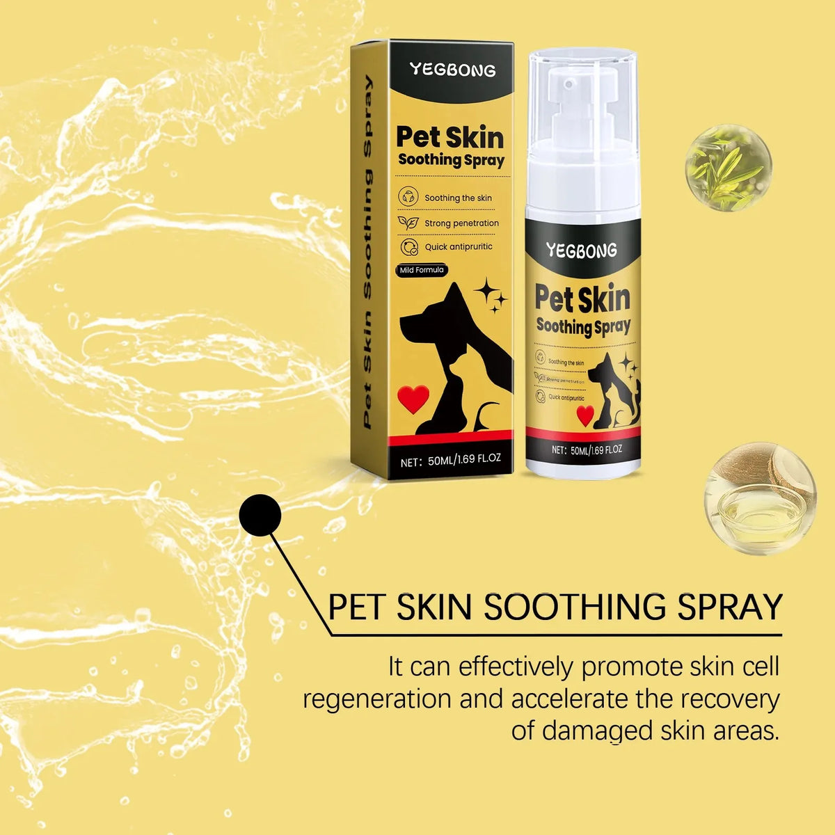 Zwei Flaschen Yegbong Pet Skin Soothing Spray neben einer Flüssigkeitprobe