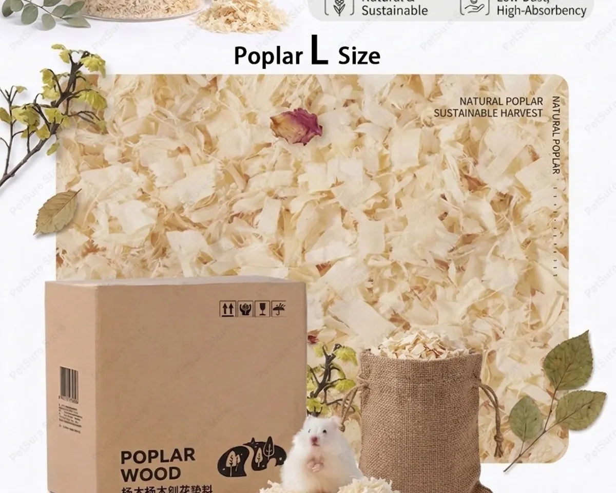Boxed poplar wood chips bedding with natural poplar wood and a small white rodent