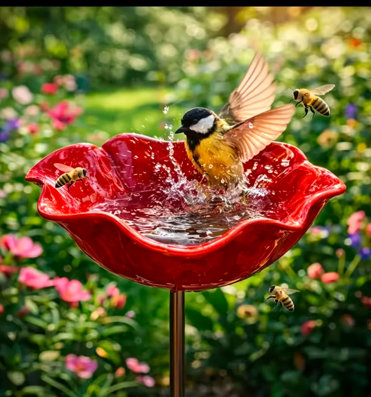 A red bowl bird feeder filled with water attracting bees in a garden setting.
