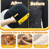 A black pet hair remover tool shown with before and after results, suitable for animal hair and plush towels.