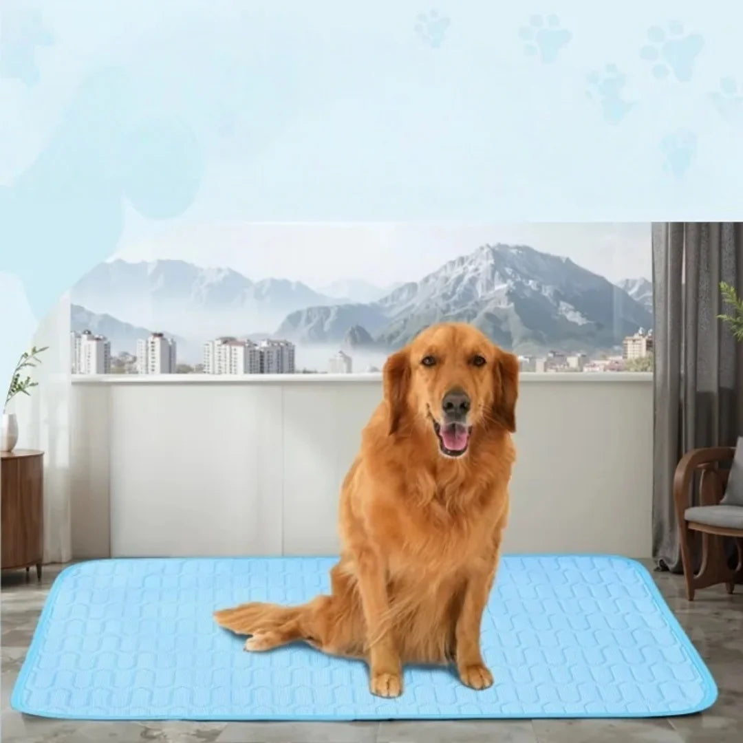 A golden retriever dog lying on a blue cooling pet mat in a modern indoor setting with a mountain view.