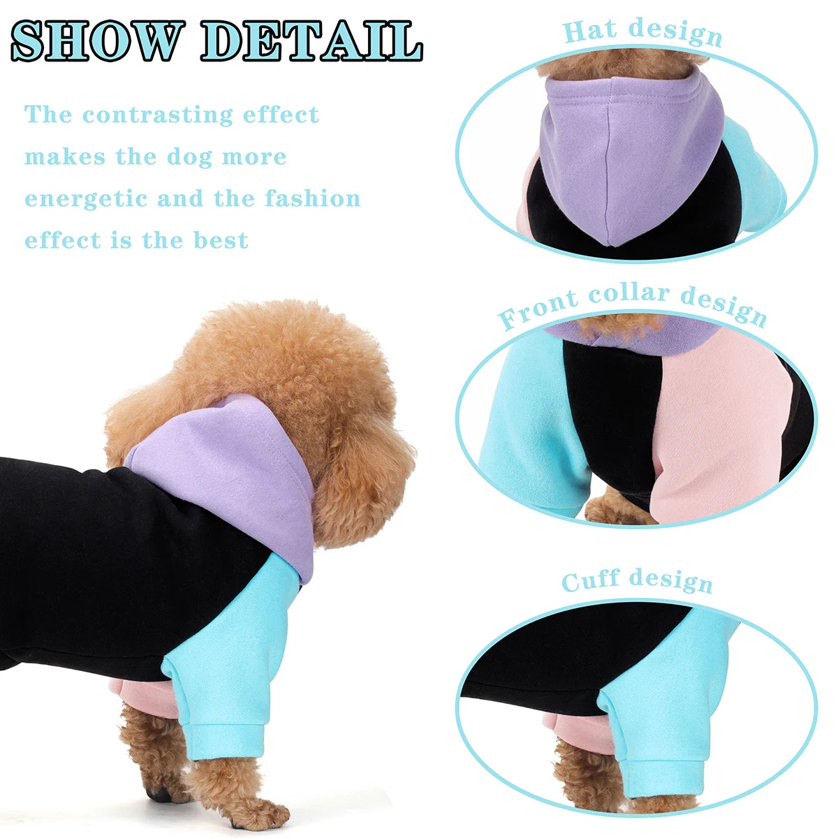 Close-up details of a dog hoodie showing contrasting colors and various design features like hat collar and cuffs.