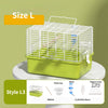 A Size L portable double shoulder bird carrier bag in lime green with a white wire cage and food cup accessories.