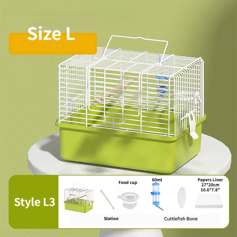 A Size L portable double shoulder bird carrier bag in lime green with a white wire cage and food cup accessories.