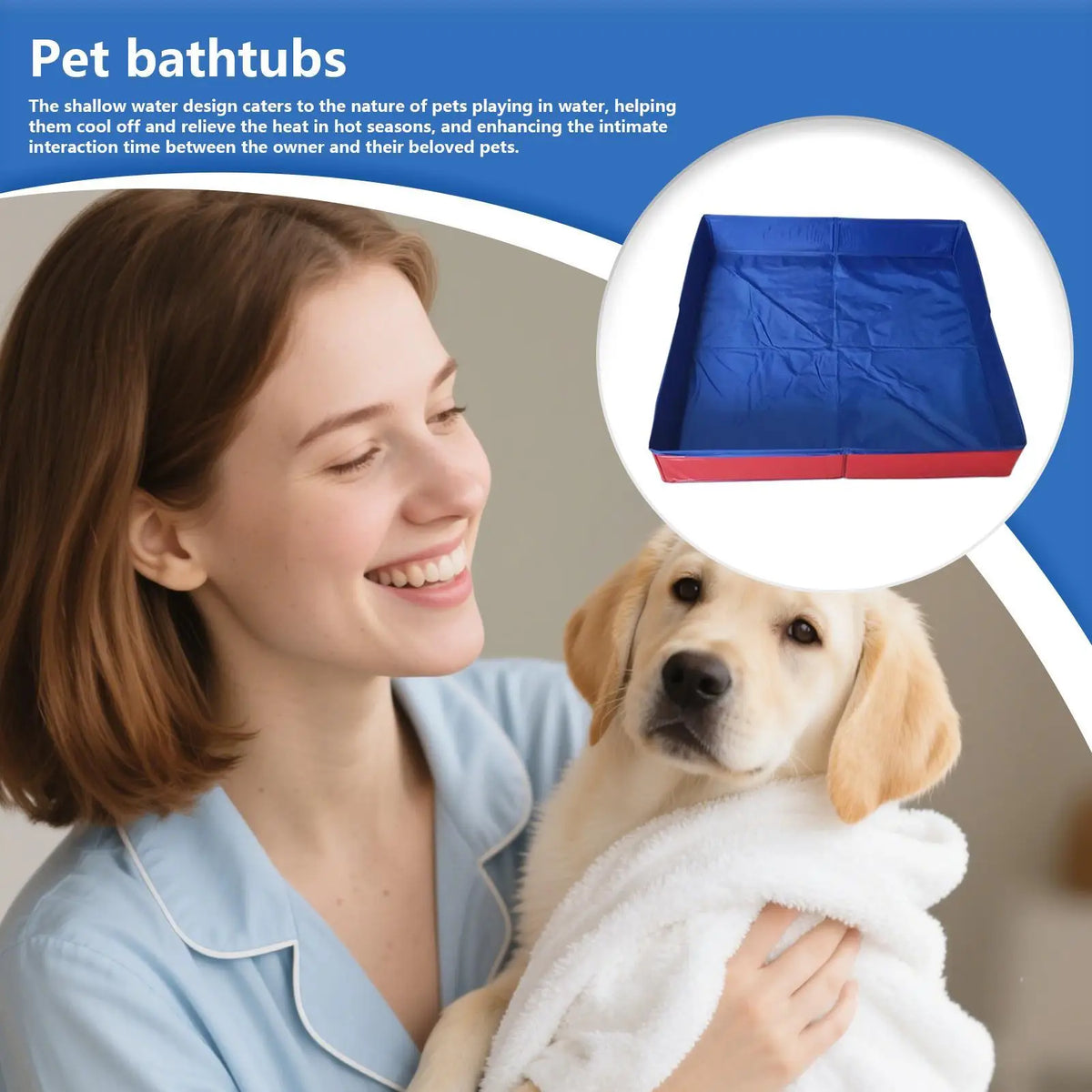 A woman is holding a golden retriever puppy in a blue foldable pet bathtub.