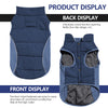 A waterproof reflective dog coat in navy blue shown from the back and front displays features like a rear traction opening an