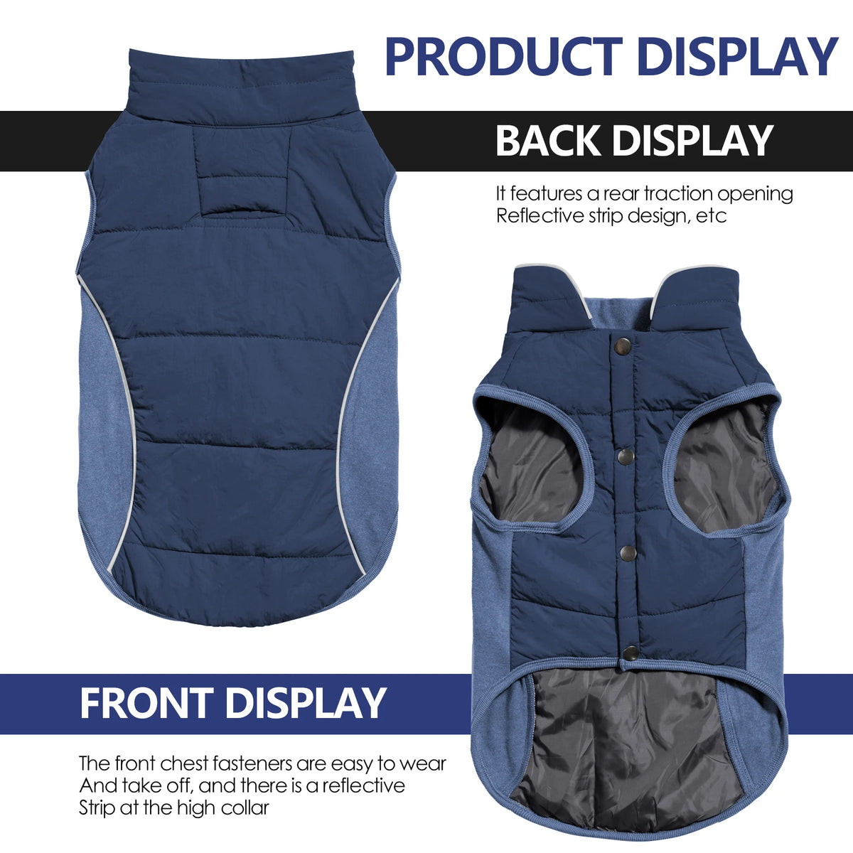 A waterproof reflective dog coat in navy blue shown from the back and front displays features like a rear traction opening an