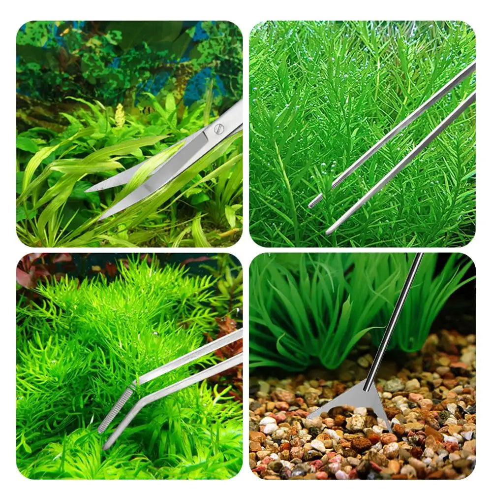 Stainless steel aquarium cleaning tool set with various tools for cleaning fish tanks