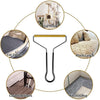 A manual lint remover brush shown with various fabric and pet hair items like a car carpet, plush couch, carpeted stairs, and