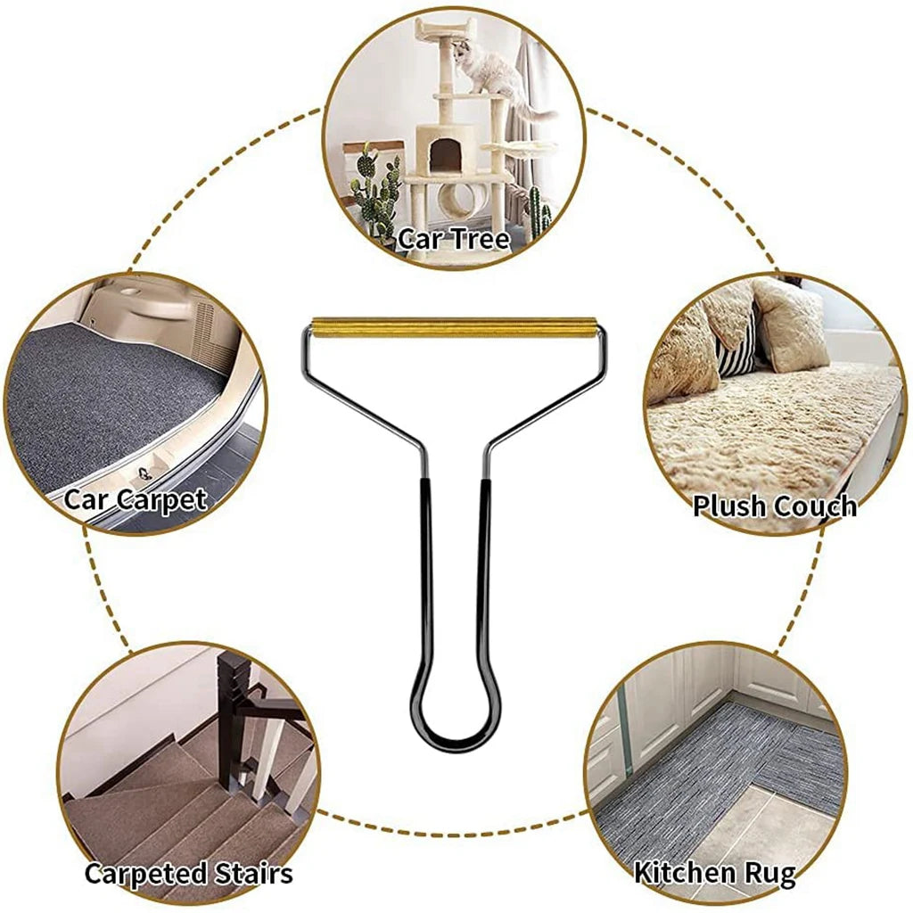 A manual lint remover brush shown with various fabric and pet hair items like a car carpet, plush couch, carpeted stairs, and