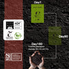 Infographic showing the lifecycle of compostable dog waste bags from Day 1 to Day 90, including certification logos.